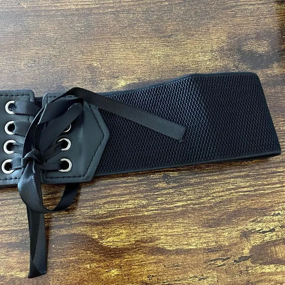 Black Y2K Lace Up Corset Stretch Wide Waist Belt, Fits Up to 27 Inches, X7GA1312